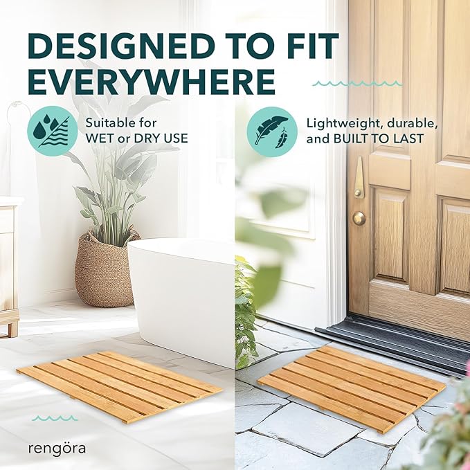 Outdoor Bamboo Bath Mat 19.5x12.5", Non-Slip Bamboo Shower Mat for Indoor/Outdoor Shower Floor, Spa Decor for Sauna Floor, Wood Bathroom Accessories, Wood Bath Mats, Spa Room Decor for Bathroom