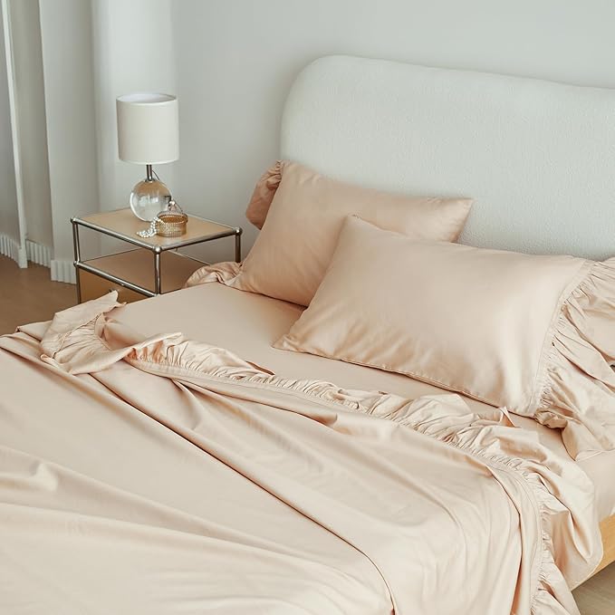 Simple&Opulence 100% Organic Cotton Sheet Set, Long Ruffle Bed Sheets (1 Flat Sheet, 1 Fitted Sheet and 2 Pillowcases) Elegant Shabby Chic Bedding Farmhouse Charming Vintage - Sand, Full