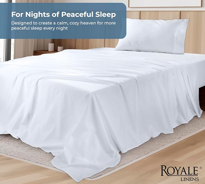 ROYALE LINENS 100% Organic Cotton Twin XL Sheet Set - Percale Weave - 3 Pieces Set - 1 Flat, 1 Deep Pocket Fitted Sheet and 1 Pillowcases - White Bed Sheets - Sábanas Twin XL - Crisp Cool (White)