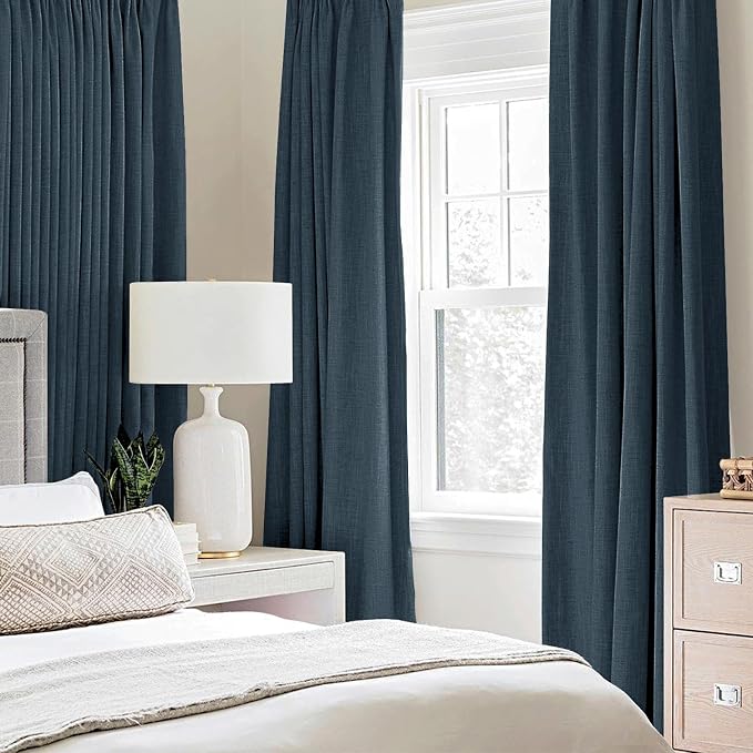 MIULEE 100% Blackout Linen Textured Curtains for Bedroom Solid Thermal Insulated Navy Grommet Room Darkening Curtains & Drapes Luxury Decor for Living Room 52 x 96 Inch (2 Panels)