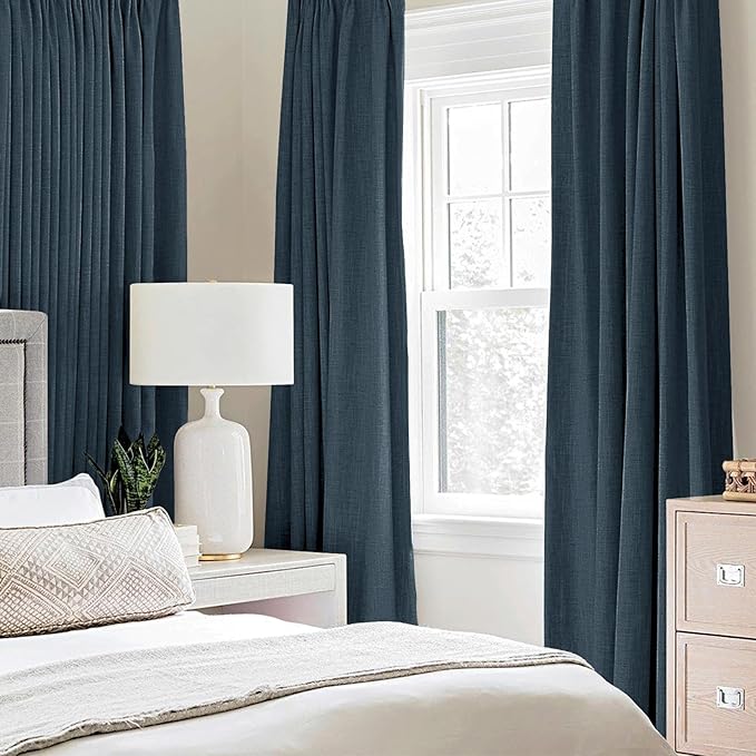 MIULEE 100% Blackout Linen Textured Curtains for Bedroom Solid Thermal Insulated Navy Grommet Room Darkening Curtains & Drapes Luxury Decor for Living Room 52 x 63 Inch (2 Panels)