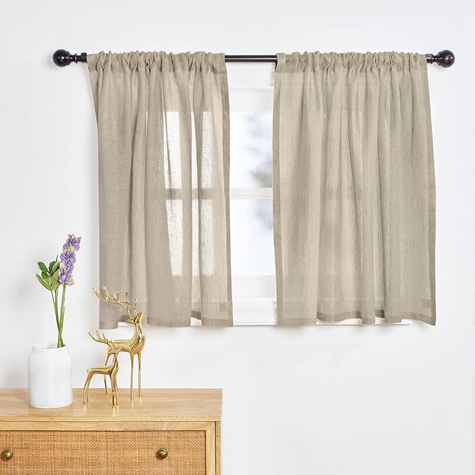 Solino Home 100% Pure Linen Sheer Curtain 18 Inches - European Flax Natural Kitchen Curtain 52 x 18 Inch - Light Filtering Rod Pocket Window Treatment Panel for Cafe, Bedroom, Living Room - 1 Panel