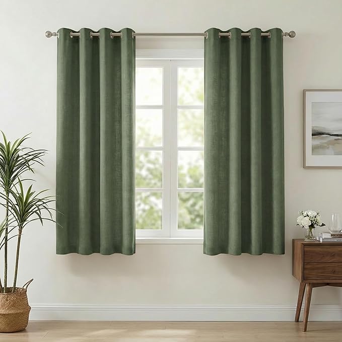 NICETOWN Olive Green Linen Blended Curtains 63 Inch for Bedroom, Light Filtering Semi Sheer Burlap Curtains Farmhouse Grommet Privacy Window Drapes for Living Room, 2 Panels (52 x 63 Inch)