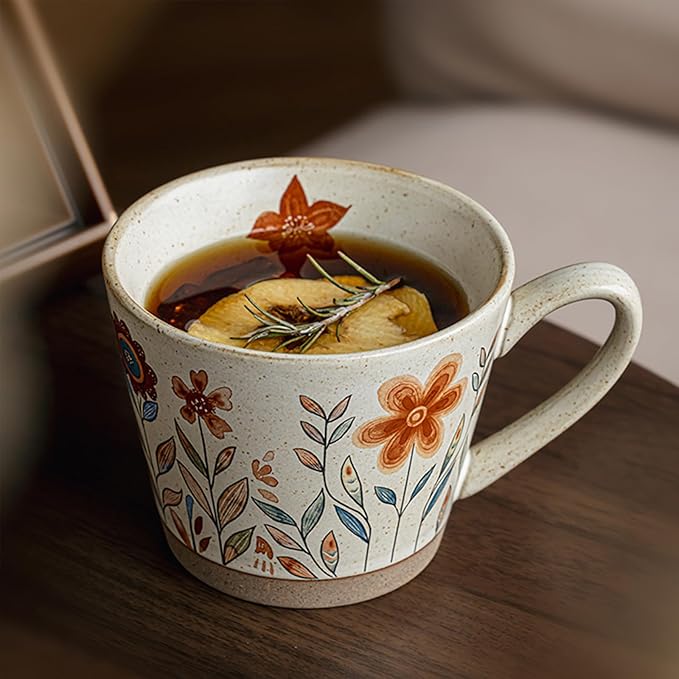 15oz Vintage Floral Ceramic Coffee Mug, Hand-Painted Lead-Free Tea Cup with Comfort Handle, Microwave & Dishwasher Safe for Home Office & Gift for Women (Orange Floral, 15, ounces)