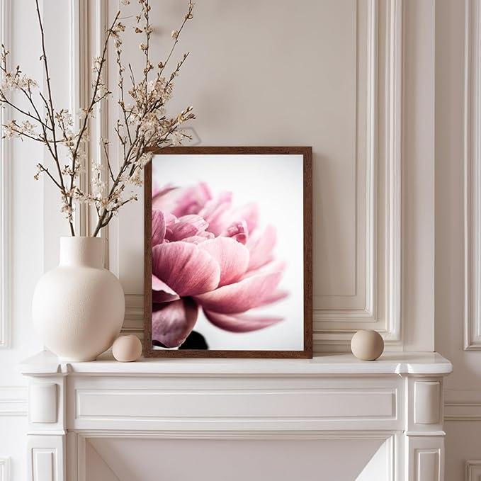 Monem Art Pink Peony Macro Photography Print - Minimalist Floral Art Poster - Wall Decor for Living Room, Bedroom or Office - 8x10 Brown Framed Wall Art by Mareike Bohmer