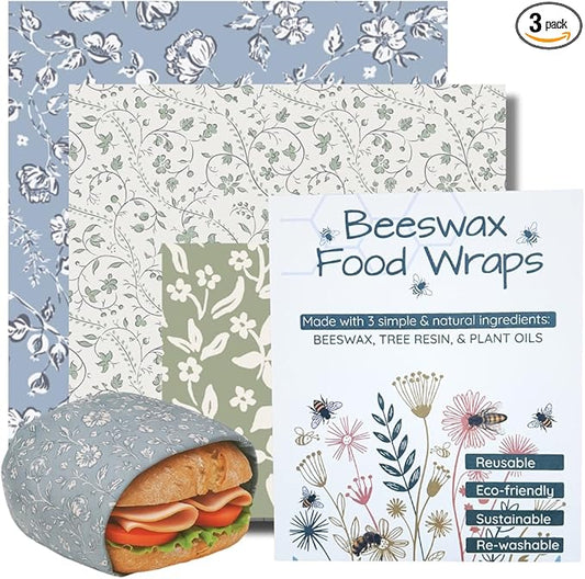 Beeswax Food Wraps 3 Pack (S, M, L) | Reusable, Organic, Plastic-Free Storage (White, Blue, Green - Beige Packaging)