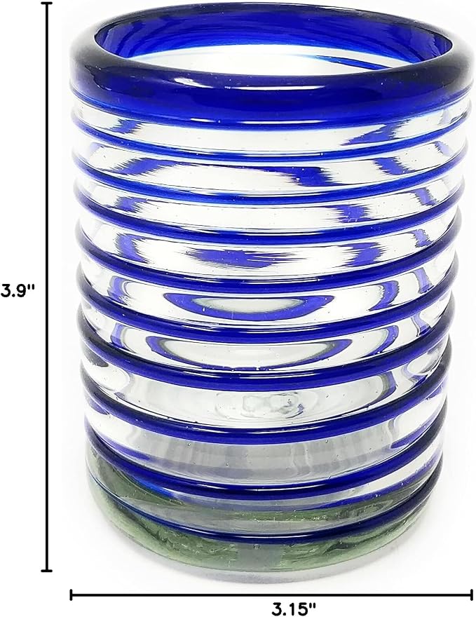 Dos Sueños Hand Blown Mexican Drinking Glasses – Set of 6 Tumbler Glasses with Blue Spiral Design (10 oz each) …