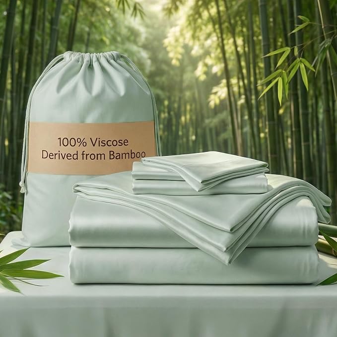 Real 100% Viscose Derived from Bamboo Sheets Set King Size, Cooling & Silky Soft for Hot Sleeper, Luxury with Breathable & Moisture Wicking Fabric, 18" Deep Pocket with Corner Straps (Sea Glass, King)