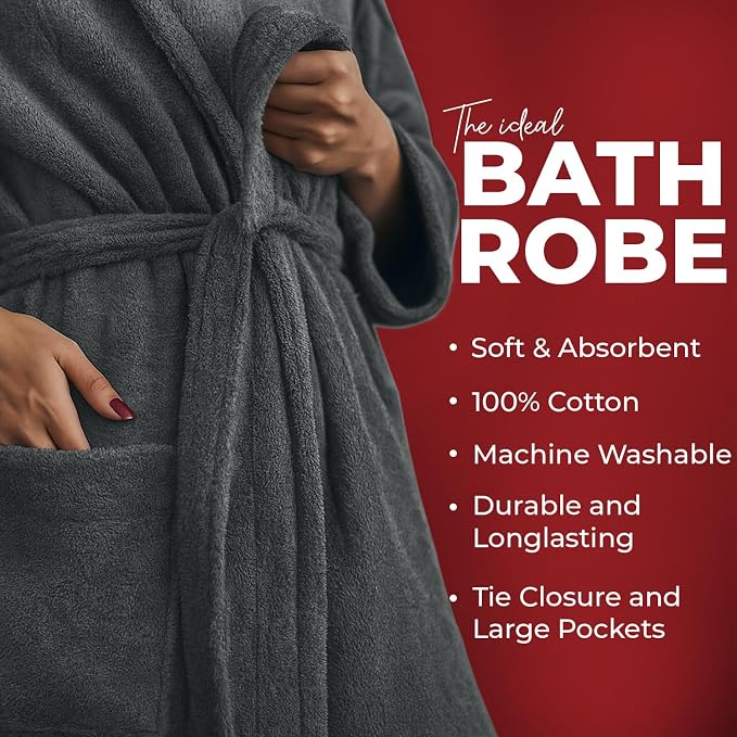 RIVERSIDE Premium 100% Cotton Terry Bathrobe For Women and Men - Soft Towel Robes with Shawl Collar Ajdustable Belt & Pockets