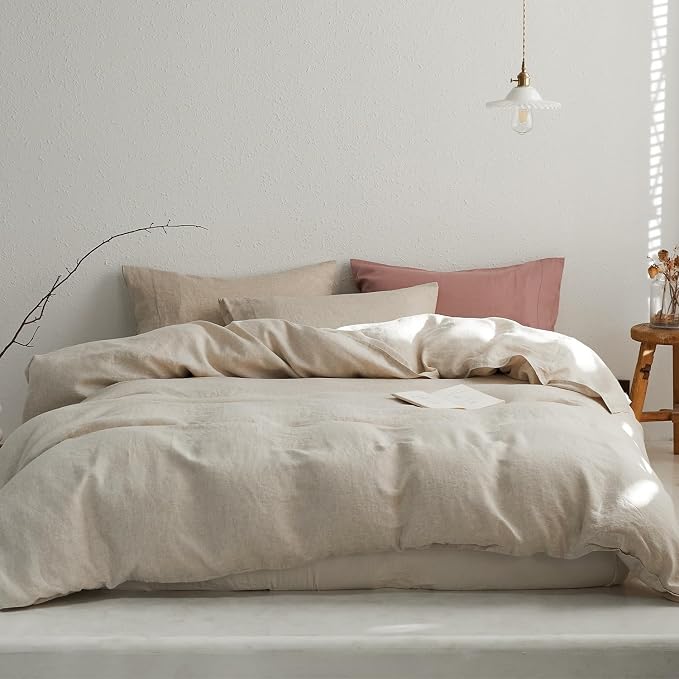 TOSMO 100% Linen Duvet Cover Set Queen, Pure French Flax Natural Linen Duvet Cover with Zipper Closure & Corner Ties, Cooling Breathable Comforter Cover 3 Piece (Linen)