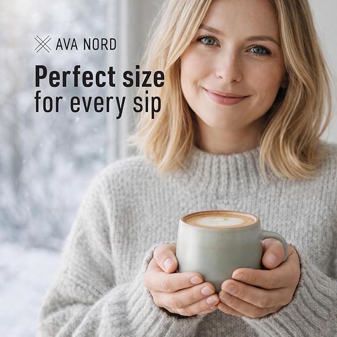 Ava Nord Small Ceramic Coffee Mugs Set of 4 | 8 oz Stoneware Coffee Cups | Lead-Free, Non-Toxic | Microwave & Dishwasher Safe | Comfortable Handle | Aesthetic Nordic Design for Cappuccino | Sage Ash