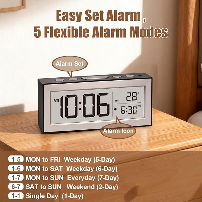 ALANAS Battery Operated Alarm Clock, Portable Digital Clock with Large Display, Snooze, Temperature & Date, Auto-Dim Night Light for Easy Reading, Ideal for Seniors, Kids, Bedroom, Travel, Nightstand