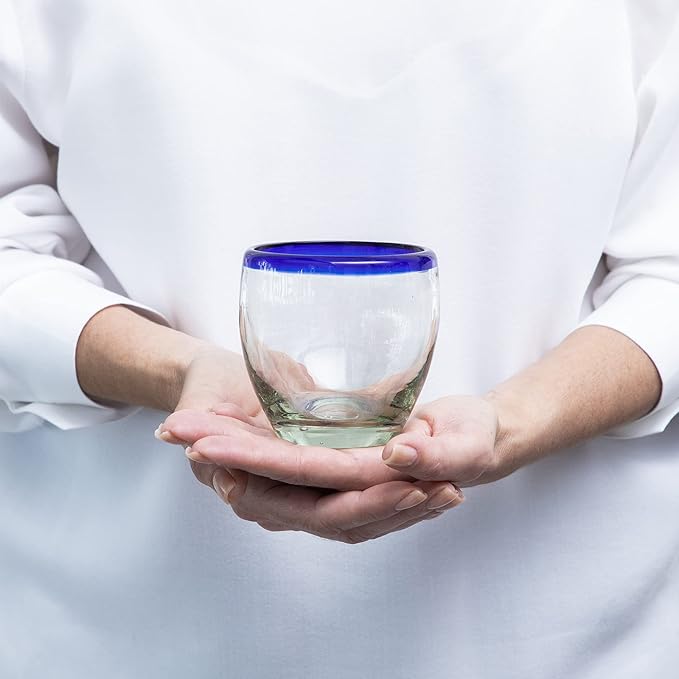 9 oz Hand Blown Mexican Drinking Glasses - Set of 6, 9 fl oz each, Cobalt-Blue Rim