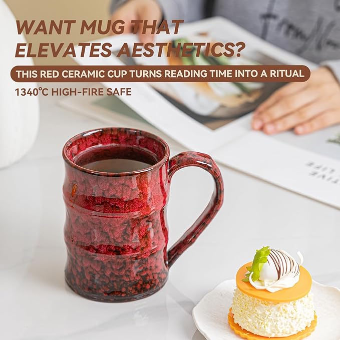 22oz Red Kiln-Change Ceramic Coffee Mug with Ergonomic Handle, 1340℃ High-Fire Unique Large Mug - Lead-Free, Microwave Safe, Great Gift for Valentine’s/Mother’s Day