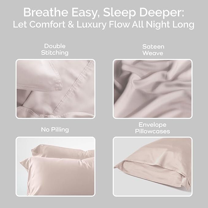 Pillow Cases Queen Size Set of 2 Pillowcases 100% Viscose from Bamboo Cooling Pillowcases, Soft & Breathable Pillow Case with Envelope Closure, Pink Pillow Cases (Blush)