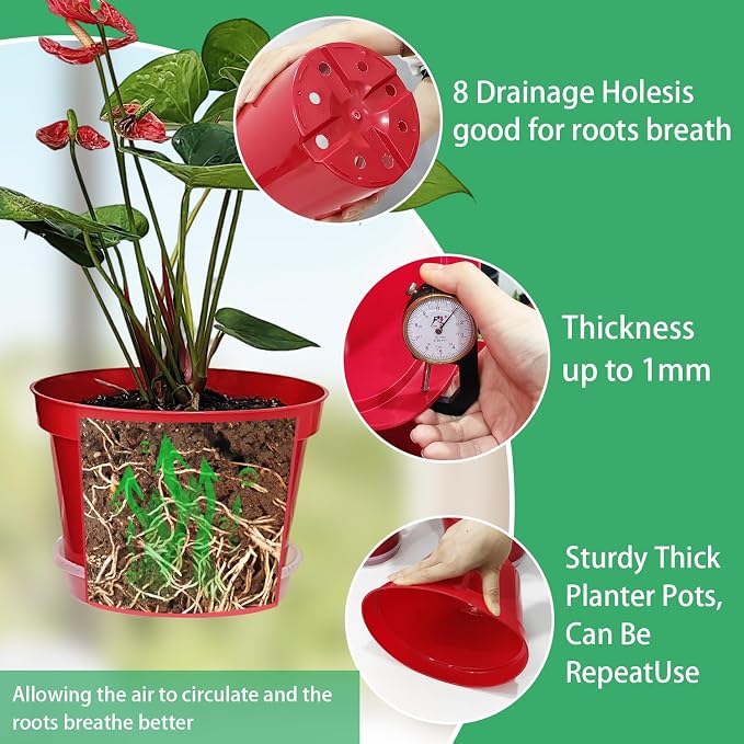 RooTrimmer 8 inch Plastic Flower Pots, Red Plant Pots 12Pack with Saucers for Indoor House Plants Growing and Decoration