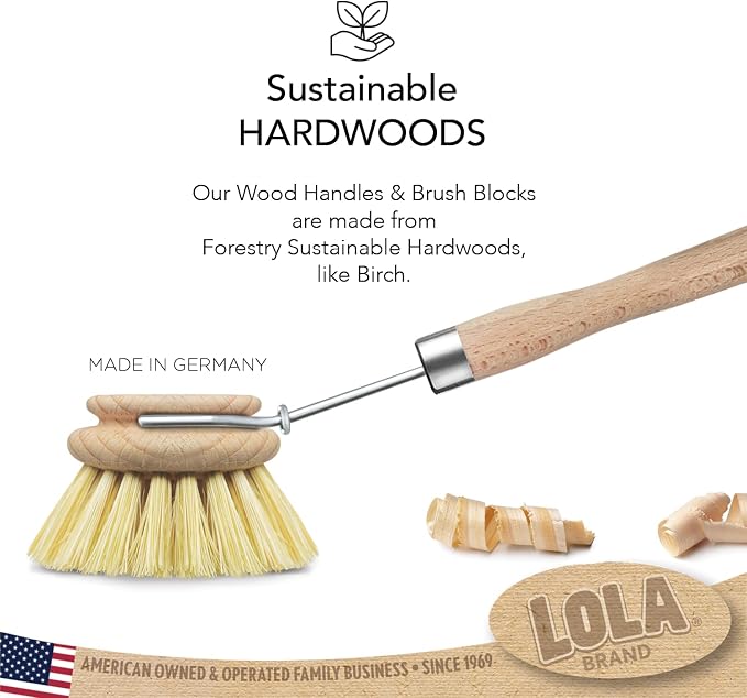 LOLA - The Original- Pot & Pan Brush, Heavy Duty Brass Wire & Tampico Bristles, Handle Made from Sustainable Birch Wood for Cleaning, 1 Count