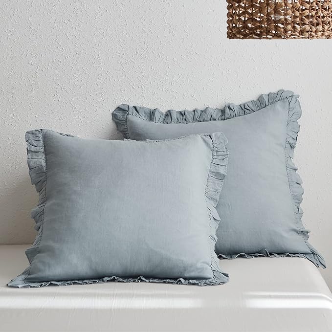 100% French Linen Euro Shams with Ruffles - Set of 2 - Washed Solid Color Natural Flax Soft Breathable Pillow Covers - Dusty Blue, 26'' x 26''
