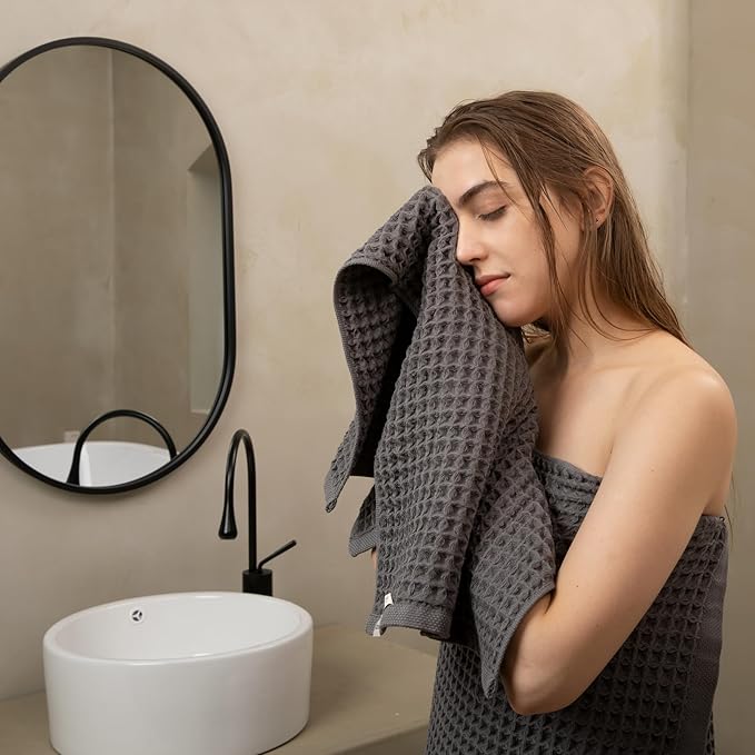 Luxury Organic Japanese Cotton Waffle Bath Towel | Thick, Absorbent, Quick Dry Bathroom Towels for Shower, Sauna, Onsen| Hotel & Spa Quality, Gift-Ready (Smoke Grey, Bath Sheet (2 Pack))