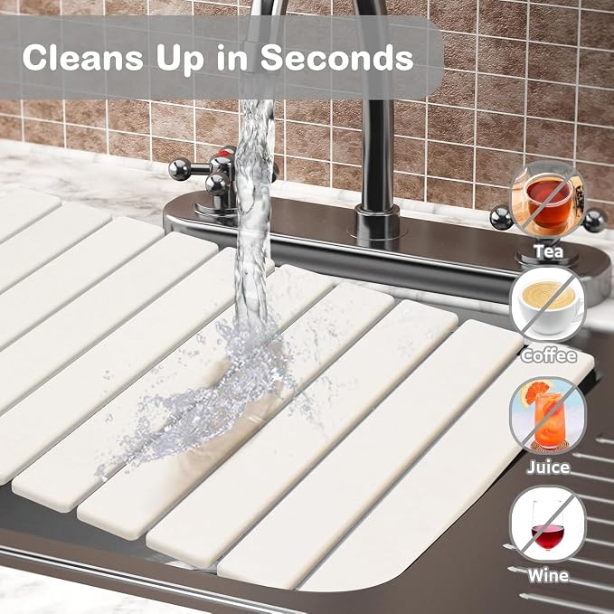 Large Stone Dish Drying Mats for Kitchen Counter, 24"×16"Dish Drying Mat with 8"x 4" Coasters, Collapsible Quick-Dry Diatomite Drying Mat for Dishes, Bottles & Cups