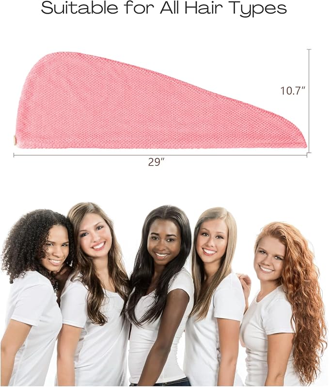 ROLSHOL Extra Large 4 Pack Microfiber Hair Towel Wrap for Women Super Absorbent & Quick Dry Hair Drying Towels with Button, Hair Turbans for Curly Hair Long & Short Hair - Anti-Frizz Coral Pink