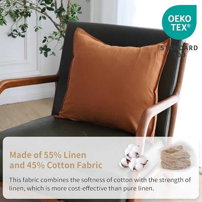 Simple&Opulence Linen Throw Pillow Covers 18x18 Inch Set of 2 Flax Cotton Blend Solid Color Decorative Square Cushion Cover for Couch Sofa Office Soft Breathable Farmhouse - Rust