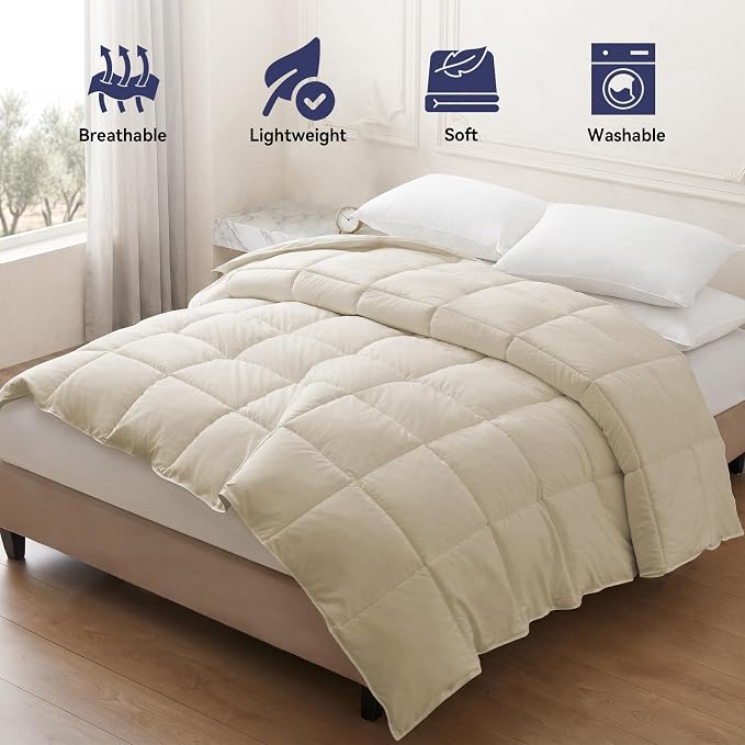 UNIKOME Goose Feather Down Fiber Comforter, Lightweight Duvet Insert Queen Size Bed Comforter with Soft Downproof Cover, Cloud-Like Fluffiness (Beige, 90"x90")