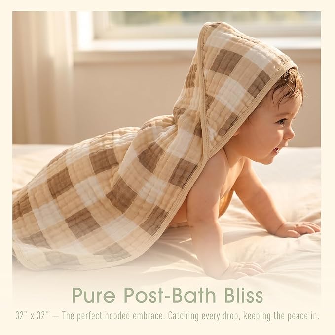 Ultra-Soft Muslin Baby Towel - 32 x 32 Inches, Ideal for Bath & Beach, Suitable for Both Boys & Girls from Newborns to Toddlers(Beige Coffee Plaid)