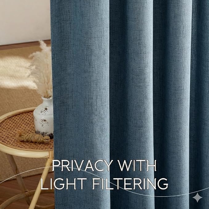 NICETOWN Linen Blended Curtains 63 Inch for Bedroom, Light Filtering Semi Sheer Burlap Curtains Farmhouse Grommet Privacy Window Drapes for Living Room, 2 Panels (52 x 63 Inch, Stone Blue)