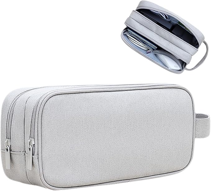 Teskyer Cable Organizer Bag, Travel Electronics Accessories Organiser, Protable Tech Pouch for Phone Chargers, Cables, Flash Drive, Power Bank, Hard Drive, Light Grey, 23.5 x 12 x 9 cm, Double-Layer
