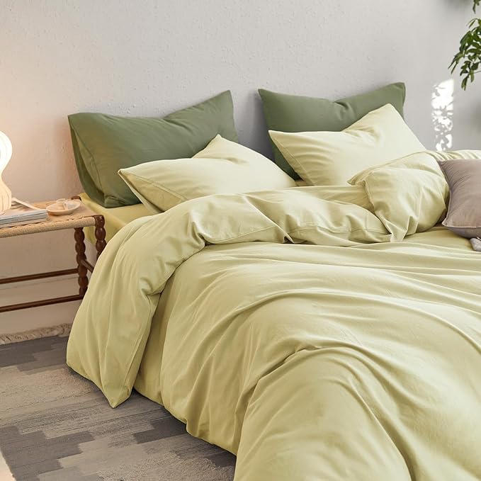 MooMee Queen Duvet Cover Set, 100% Washed Cotton Linen Like Twill Thick Sturdy Material Super Soft Breathable Durable Bedding for All Season, 3 Pieces (Pale Yellow, Queen 90"x90")
