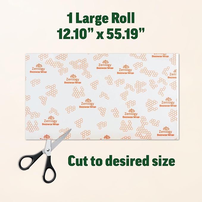 Beeswax Wrap Roll 13" x 55" – Zenlogy Reusable Beeswax Food Wrap, Cut to Size, Organic Cotton & Natural Beeswax, Washable Plastic Free Food Storage