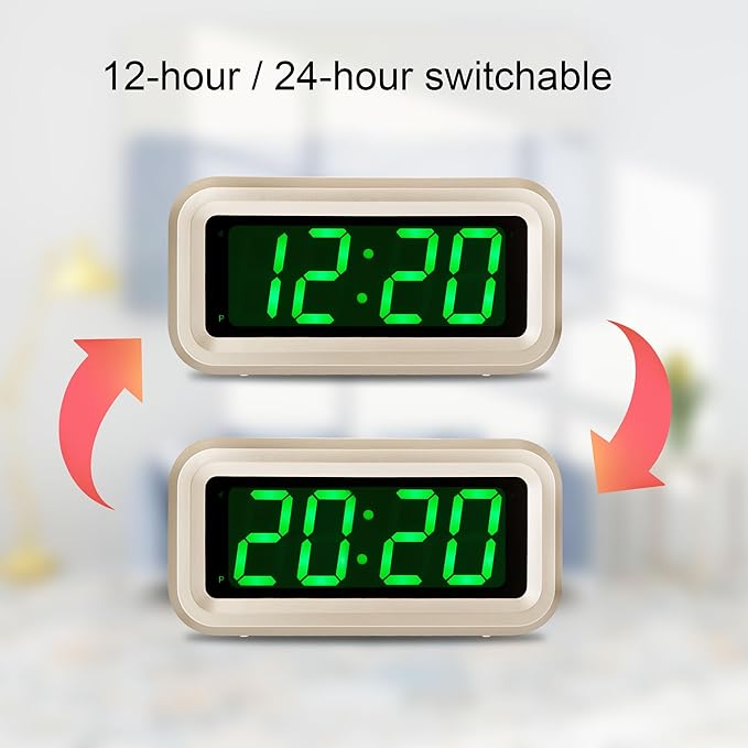 Digital Alarm Clock Battery Operated with LED Display for Bedrooms, Long Battery Life for 12 Months, 3 Brightness Adjustable, 12/24 Hour, Snooze, Golden Case with Green Digits