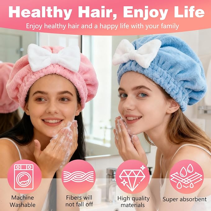 2 Pack Ultra Absorbent Hair Quick Drying Towel for Women, New Microfiber Hair Towel Wrap Dry Turban, Soft Bow Tie Plopping Head Towels Shower Cap for All Hair Style (Blue and Pink)