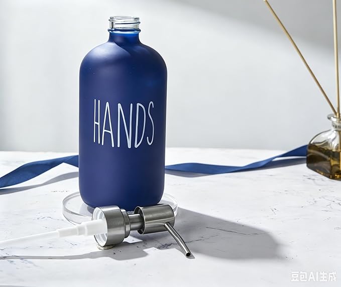 Navy Blue Soap Dispenser Set, Glass Soap Dispenser with Stainless Steel Pump, Farmhouse Hand Soap Dispenser & Dish Soap Dispenser for Bathroom Kitchen Sink (Blue h)