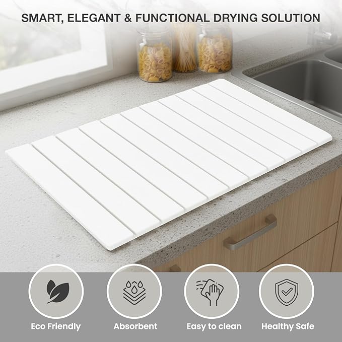 Large Stone Drying Mat for Kitchen Counter | 24"x16" | Fast Drying Collapsible Diatomaceous-Earth Mat | Super Absorbent Folding Mat for Dishes, Bottles, Glass, Heat-Resistant, Non-Slip (White)