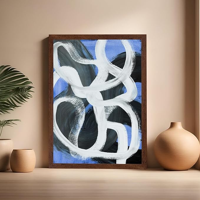 Monem Art Bold Blue Brushstroke Abstract Print - Modern Textured Line Art Poster - Wall Decor for Living Room, Bedroom or Office - 16x20 Brown Framed Wall Art by Mareike Bohmer