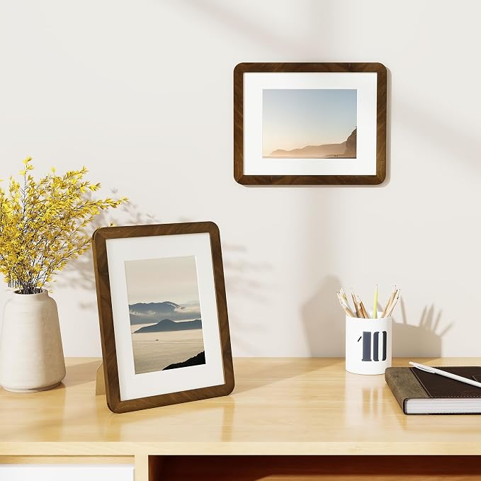 Fun Memories 8.5x11 Picture Frame - Solid Walnut Wood Diploma & Certificate Frame, 8.5x11 Frame with Mat for 6x8 Photos, Tabletop and Wall Display with Real Glass, Natural Walnut