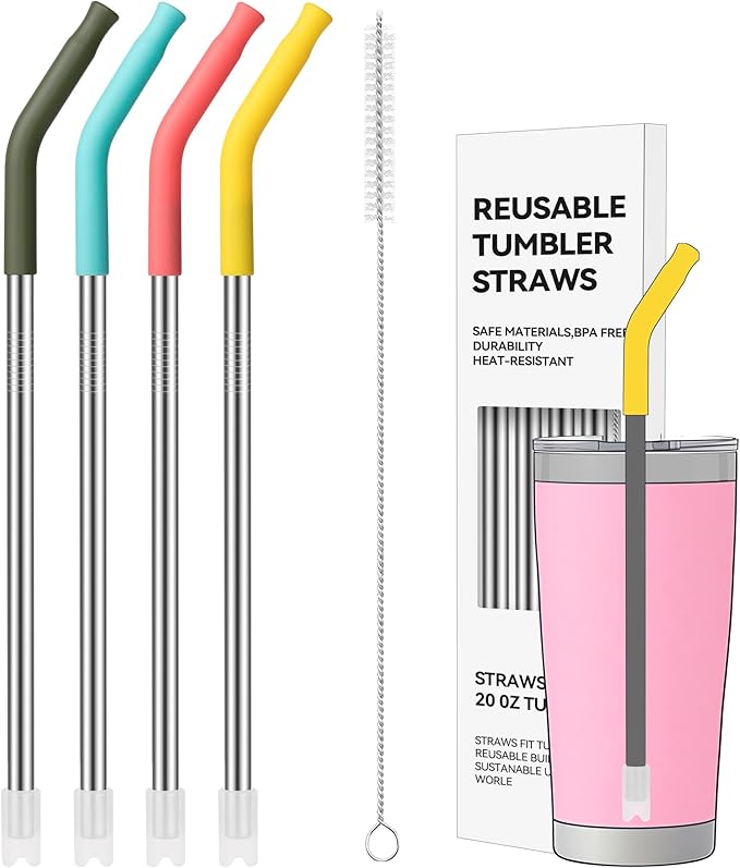 20 oz Straight Metal Straws with Silicone Tip for 20 oz Tumbler | Stainless Steel Reusable Drinking Metal Straw for YETI, STANLEY, US Acrylio, BJPKPK, Simple Modern and so on