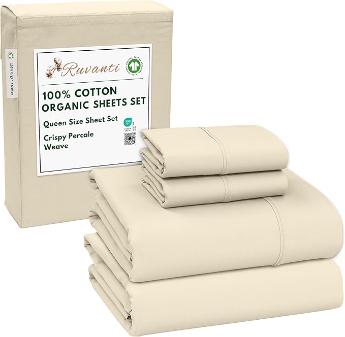 RUVANTI 100% Cotton Organic Percale Sheets Queen Size – Crisp Cooling Bed Sheets for Hot Sleepers, Deep Pocket 15”, Soft Peach Finish, Breathable & Durable Hotel-Style 4 Pcs, Cloud Cream