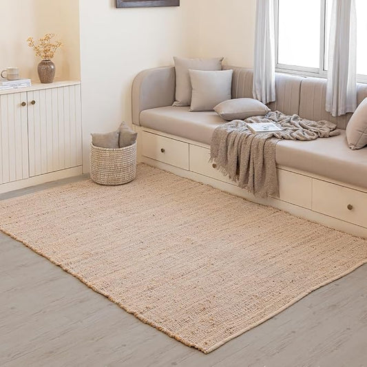 HOMEMONDE Hand Woven Jute Cotton Area Rug 5' x 8' ft Rectangle Natural Farmhouse Rug - Rustic Vintage Bohemian Rug for Living Room, Bedroom, Dining Room