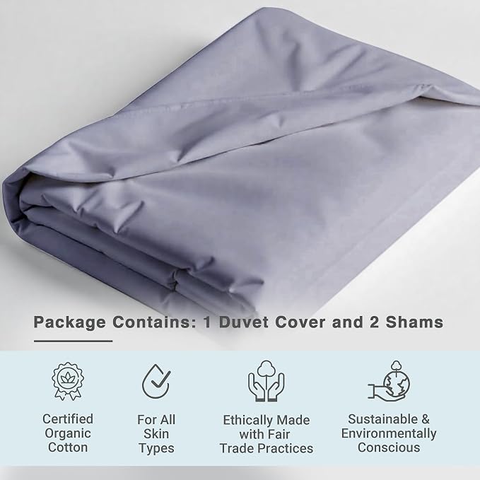 Fabdreams GOTS Certified 100% Organic Cotton Duvet Cover King Size - 400 TC Sateen - Soft - Silky - Button Closure - Edge Ties - 1 Duvet Cover (106"x92")+2 Pillow Shams (20"x36") - Light Grey