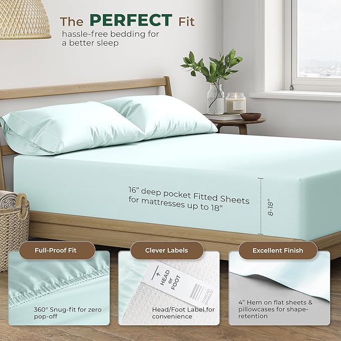 THREAD SPREAD 100% Organic Cotton Sheets Twin XL Size - 3 PC Organic Cotton Twin XL Percale Weave Sheet Set, Soft, Cooling, Crisp & Breathable, 16" Deep Pocket Bedding Set for Dorm Room - Sea Foam