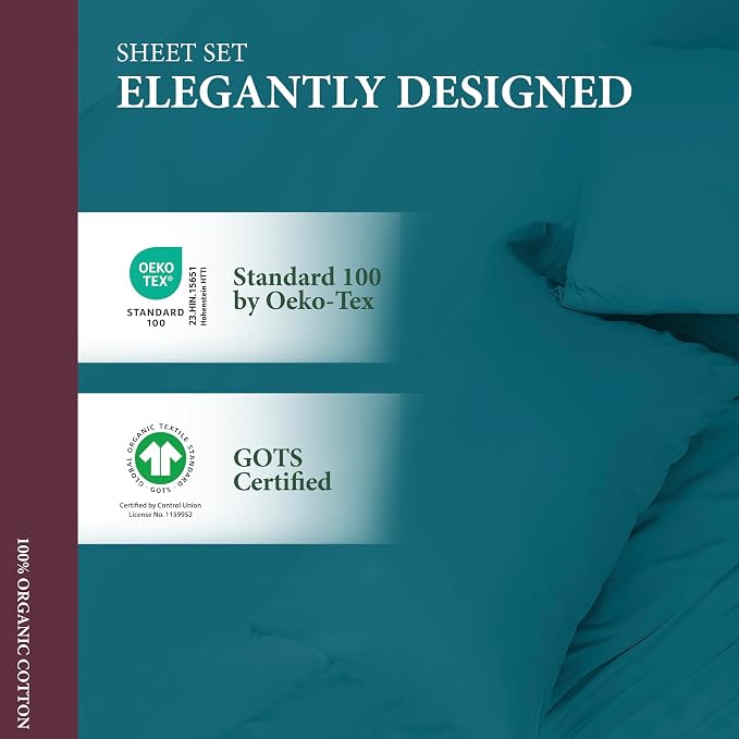 100% Organic Cotton Sheets Queen Size - Organic Cotton Queen Size Percale Weave Sheet Set (4 PC, Teal), Soft, Cooling, Crisp & Breathable, 16" Deep Pocket Hotel Quality Bedding Set