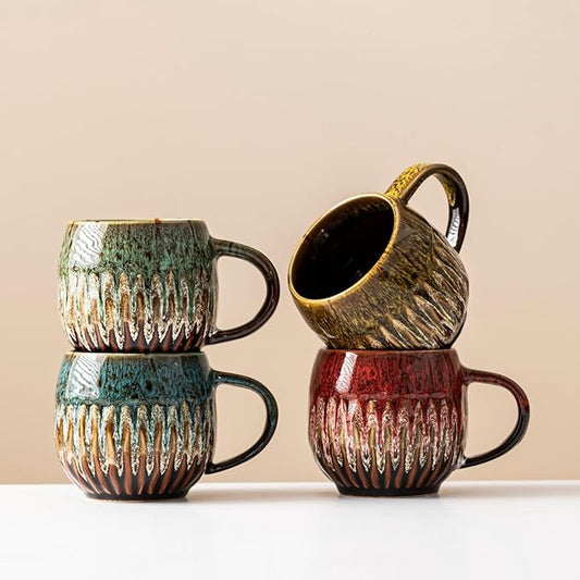 13oz Large Coffee Mug - Unique Handcrafted Look Ceramic Cup, Large Tea Mug, Microwave & Dishwasher Safe (red/yellow/blue/green,Set of 4)