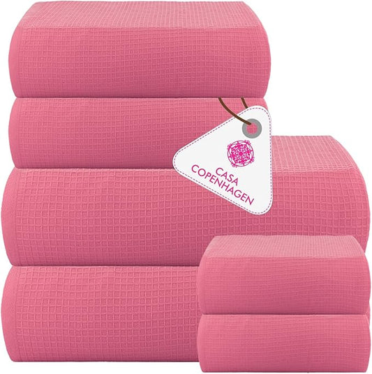 CASA COPENHAGEN Waffle 6Pcs 100% Egyptian Cotton Large Designer Towels Gift Set- Rosy, 2Bath 2Hand 2Washcloths, Bath Towels for Bathroom (Box Pack, Gift Set for Women & Men)