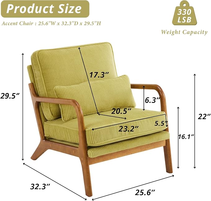 Karl home Mid-Century Modern Accent Reading Chair, Green | Corduroy Upholstered, Solid Wood Frame, Soft Cushion, Lumbar Pillow, Lounge Armchair for Living Room, Bedroom, Balcony, Study