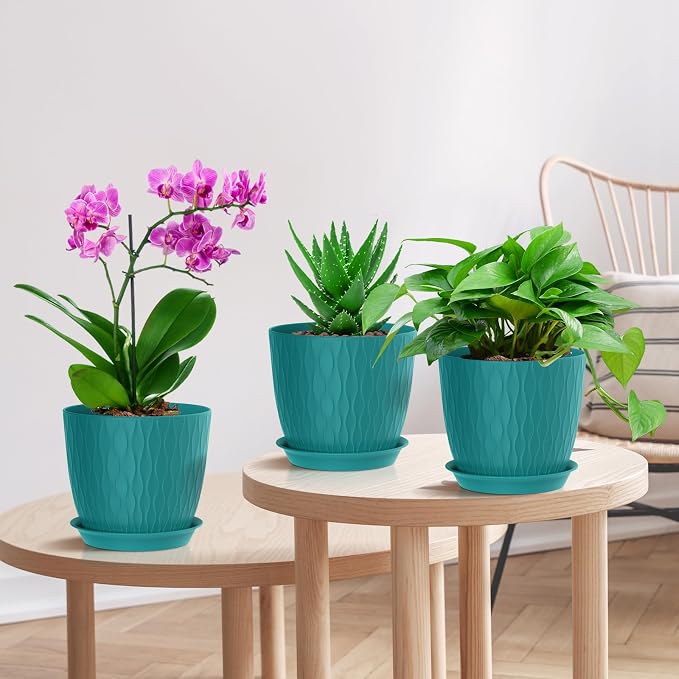 WSMKSZ 7 inch Flower Pots, 5 Pack Plant Pots with Drainage Holes and Saucers for Indoor Plants, Plastic Planters with Water Ripple for Small Garden House Plants, Nursery Pots for Succulent, Blue Green