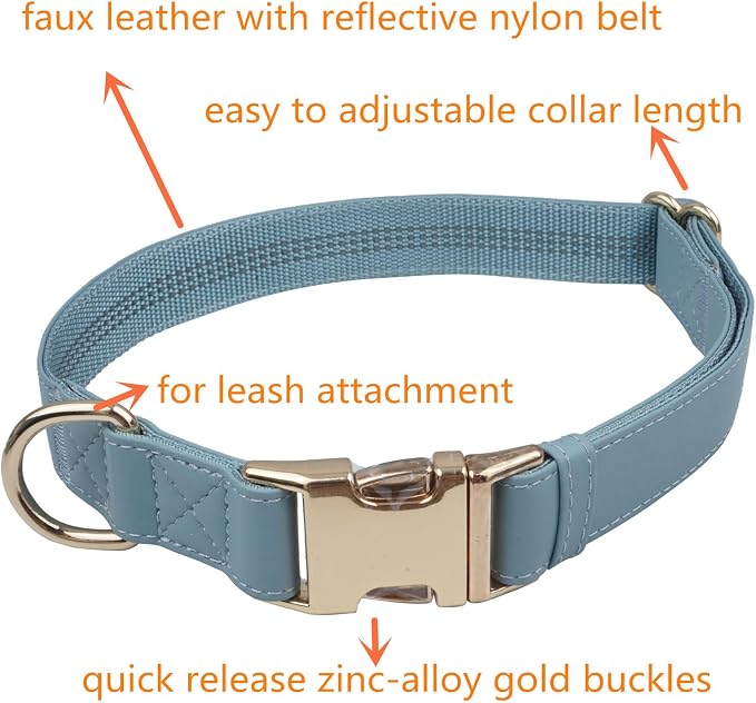 Multifunctional Reflective Leather Dog Collar and Leash Set 7FT, Easy to Clean Leather Leash Collar with Gold Metal Buckle(L, Grey Blue)