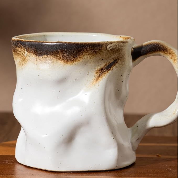 Handmade Ceramic Coffee Mugs, Mugs with Spoon, 11oz, Handmade Pottery Mug with Handle, Hand-painting, Unique Uneven Surface Tea cups, Dishwasher and Microwave Safe (White)